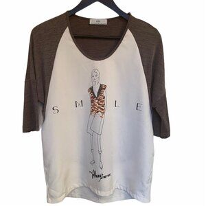 𝅺zara Beige Top Raglan Sleeves Scoop Neck Graphic Size S